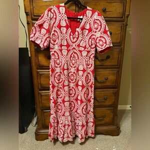 NWT Adelyn Rae Red and White Embroidered Puff Short Sleeve Midi Dress Large